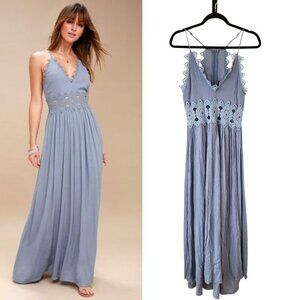 Lulus This is Love Slate Blue Maxi Dress Lace Gauzy Full Length Bridesmaid Sz M